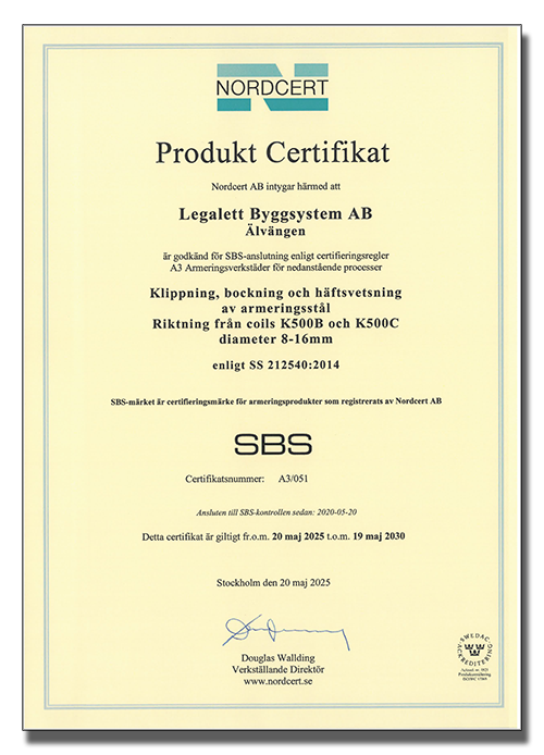 LEGALETT Certifikat Prefabricerade Betongprodukter