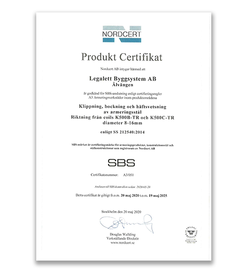 LEGALETT Certifikat Prefabricerad Armering