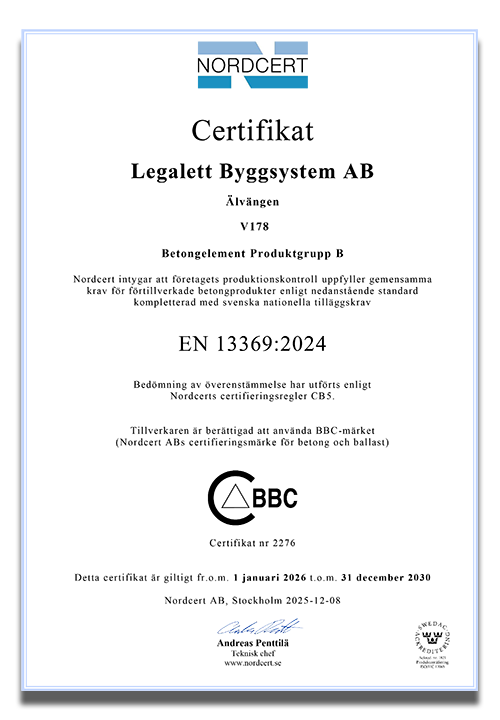 LEGALETT Certifikat Prefabricerade Betongprodukter